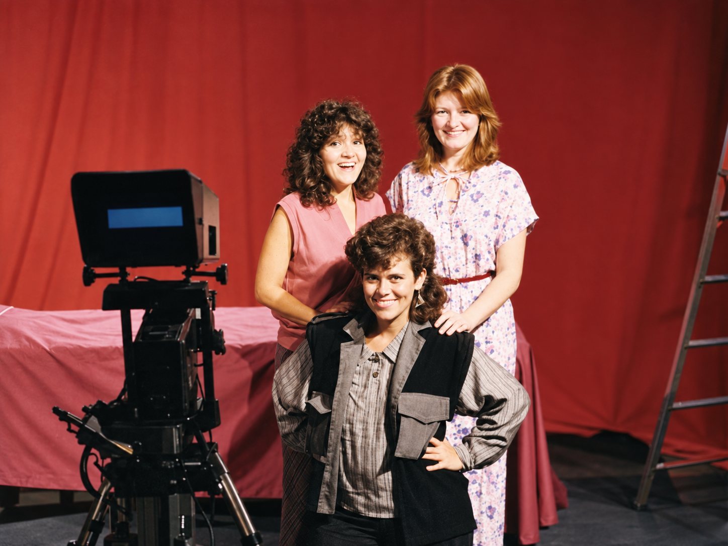 Patty Mooney with Maya Campos and Susana Fernandez on the set beside a studio camera