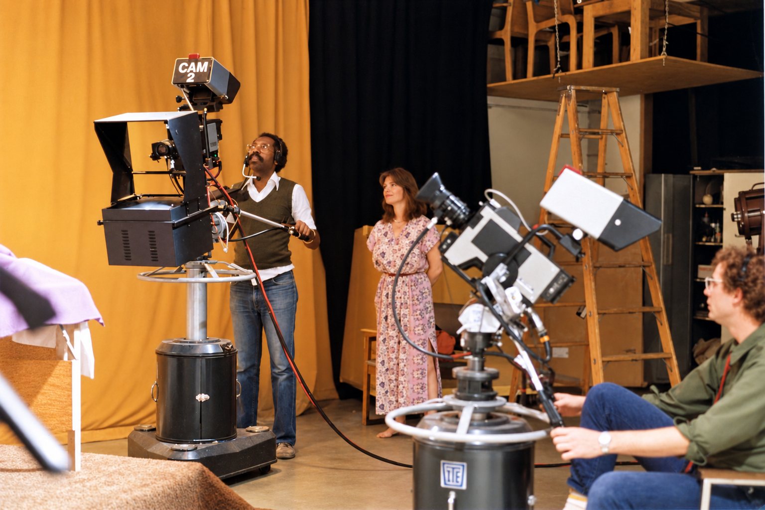 The three-camera studio shoot, with Patty Mooney by the set and two camera operators