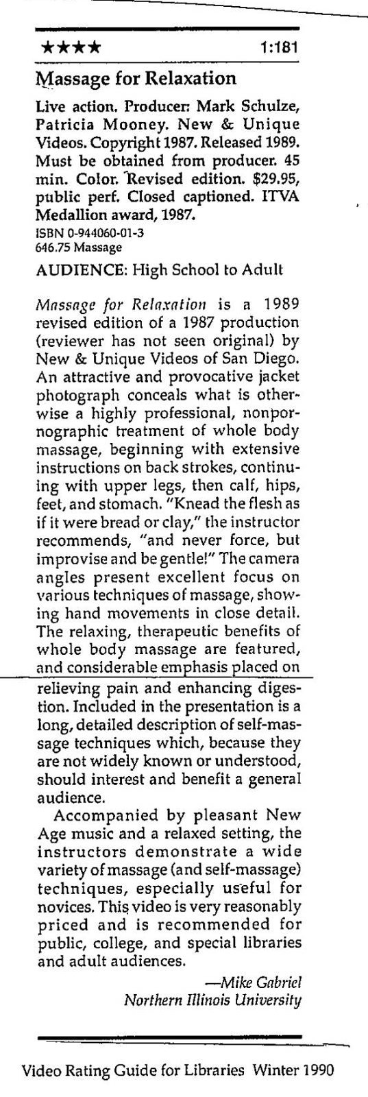 Four-star review of Massage for Relaxation in the Video Rating Guide for Libraries, Winter 1990
